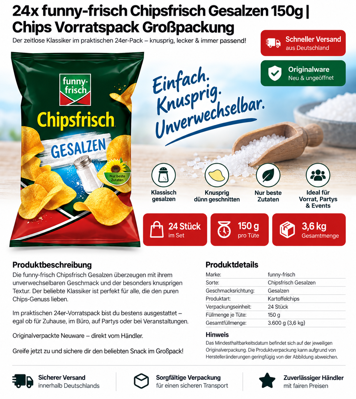 24x funny-frisch Chipsfrisch Gesalzen 150g | Chips Vorratspack Großpackung
