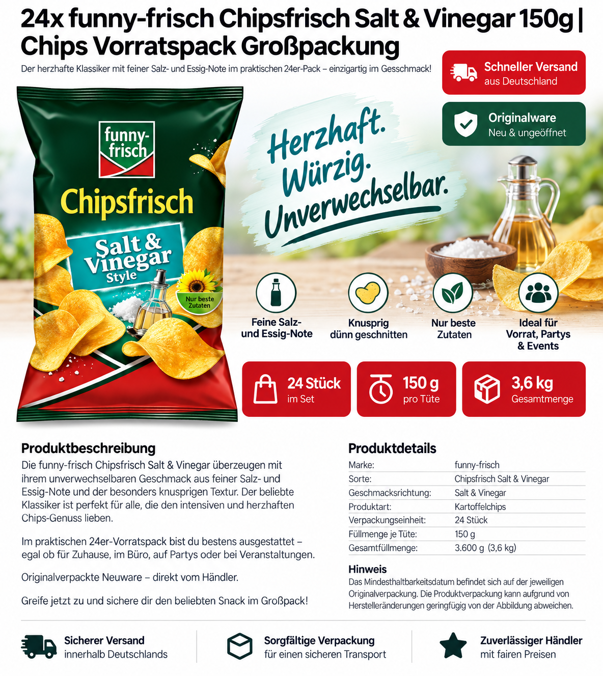 24x funny-frisch Chipsfrisch Salt & Vinegar 150g | Chips Vorratspack Großpackung