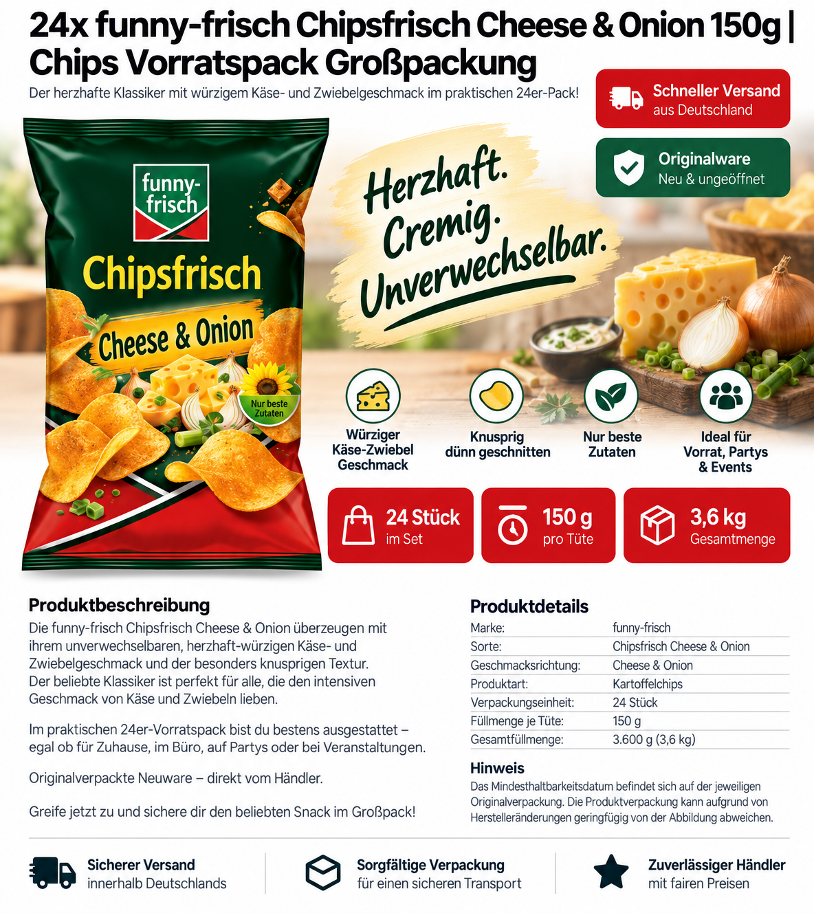 24x funny-frisch Chipsfrisch Cheese & Onion 150g | Chips Vorratspack Großpackung