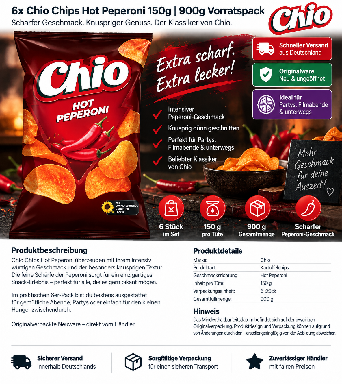 6x Chio Chips Hot Peperoni 150g | 900g Vorratspack | Scharfe Kartoffelchips