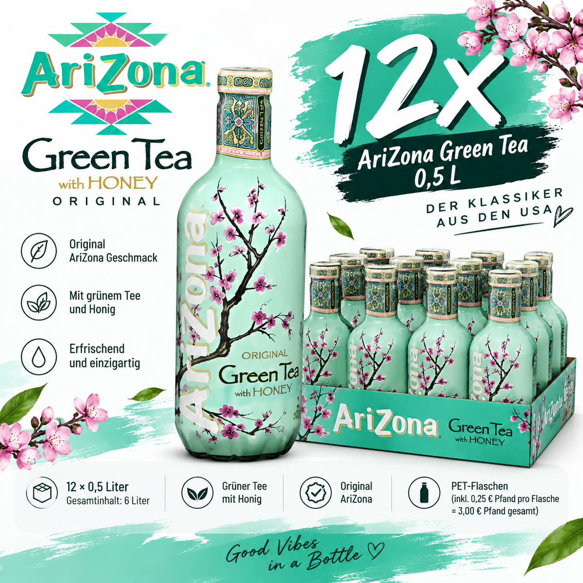 12x AriZona Green Tea with Honey 0,5L – Grüner Tee mit Honig inkl. 3€ Pfand