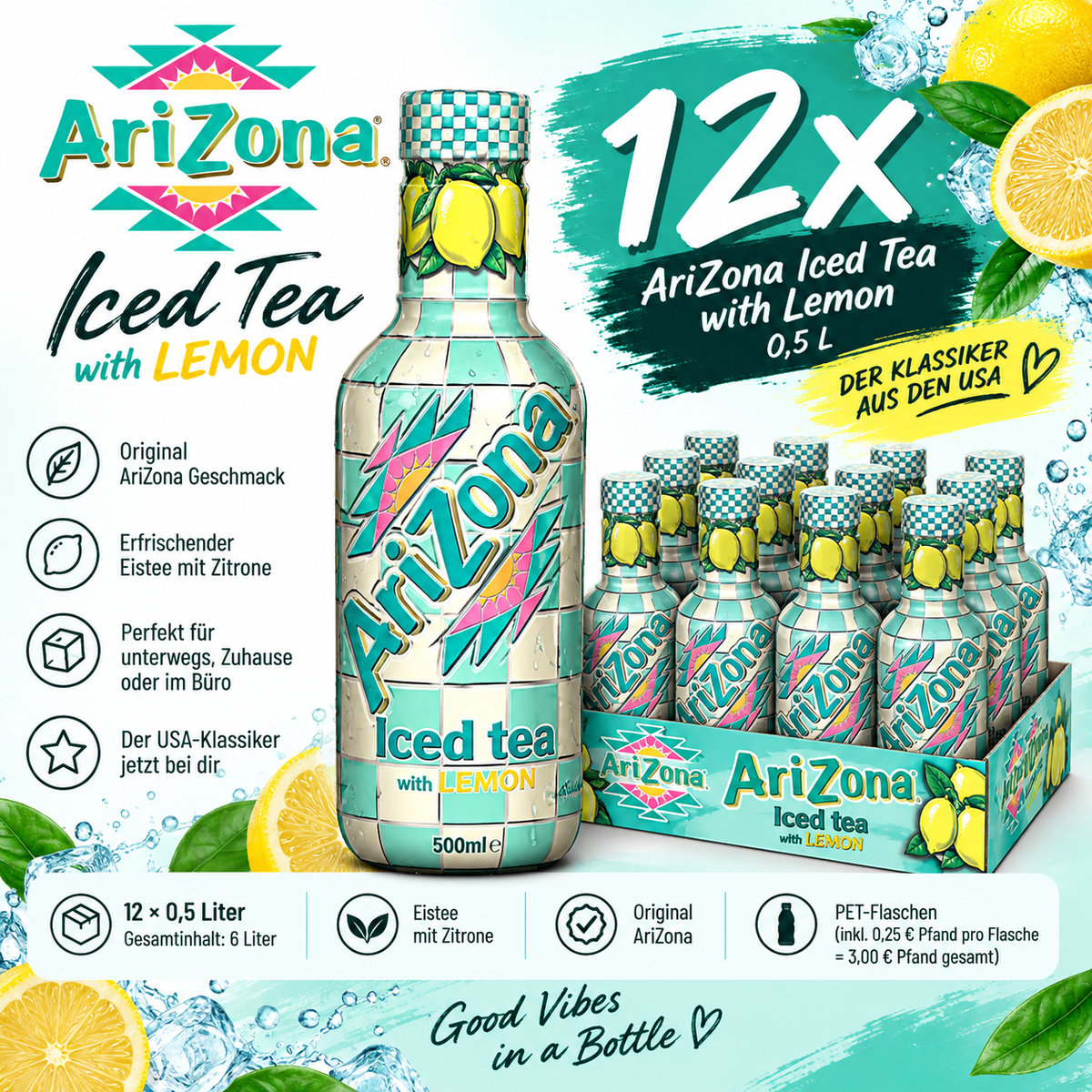 12x AriZona Iced Tea Lemon 0,5L – Eistee Zitrone inkl. 3€ Pfand
