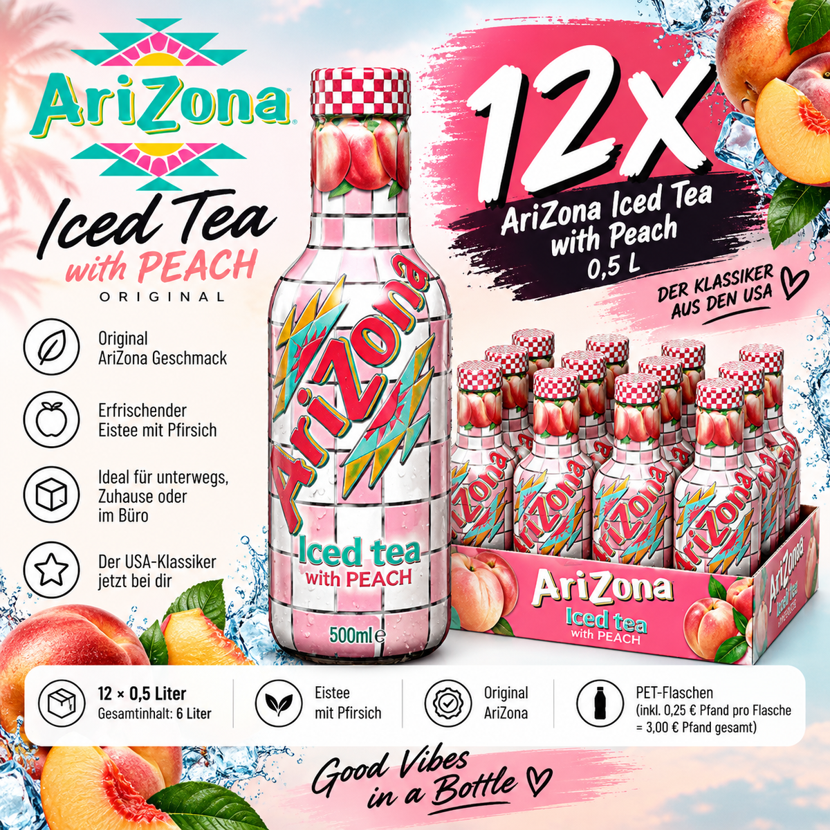 12x AriZona Iced Tea Peach 0,5L – Eistee Pfirsich inkl. 3€ Pfand