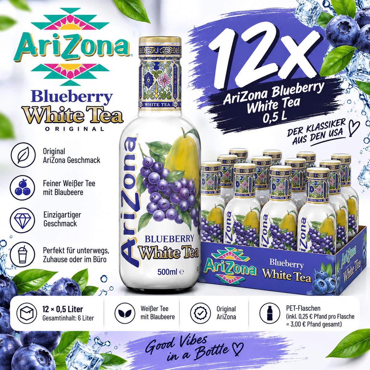 12x AriZona Blueberry White Tea 0,5L – Weißer Tee Blaubeere inkl. 3€ Pfand