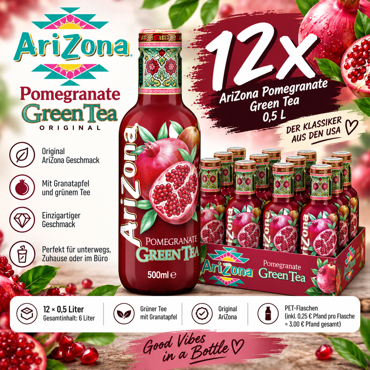 12x AriZona Pomegranate Green Tea 0,5L – Grüner Tee Granatapfel inkl. 3€ Pfand