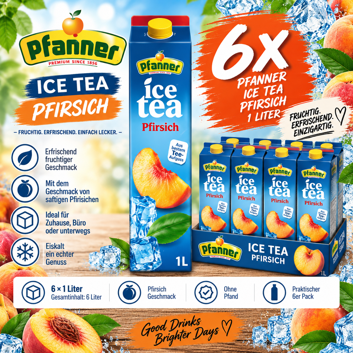 6x Pfanner Ice Tea Pfirsich 1L – Eistee Peach 6er Pack ohne Pfand