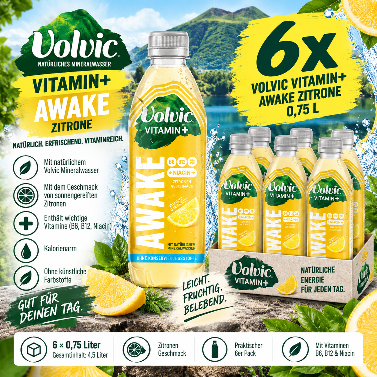6x Volvic Vitamin+ Awake Zitrone 0,75L – Vitamin Getränk Lemon inkl. 1,50€ Pfand