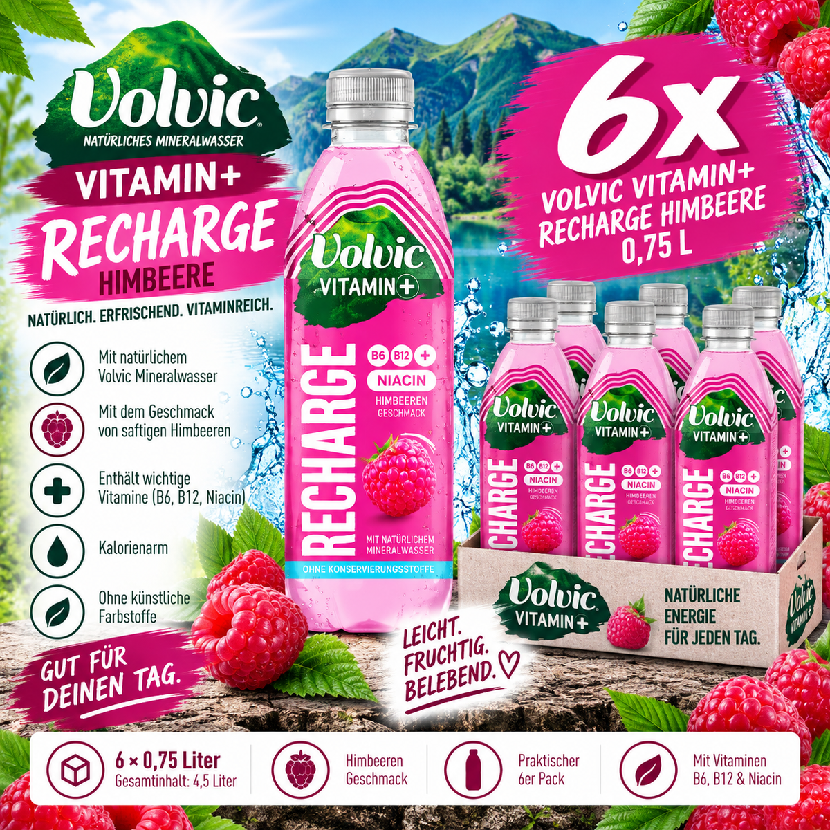 6x Volvic Vitamin+ Recharge Himbeere 0,75L – Vitamin Getränk inkl. 1,50€ Pfand