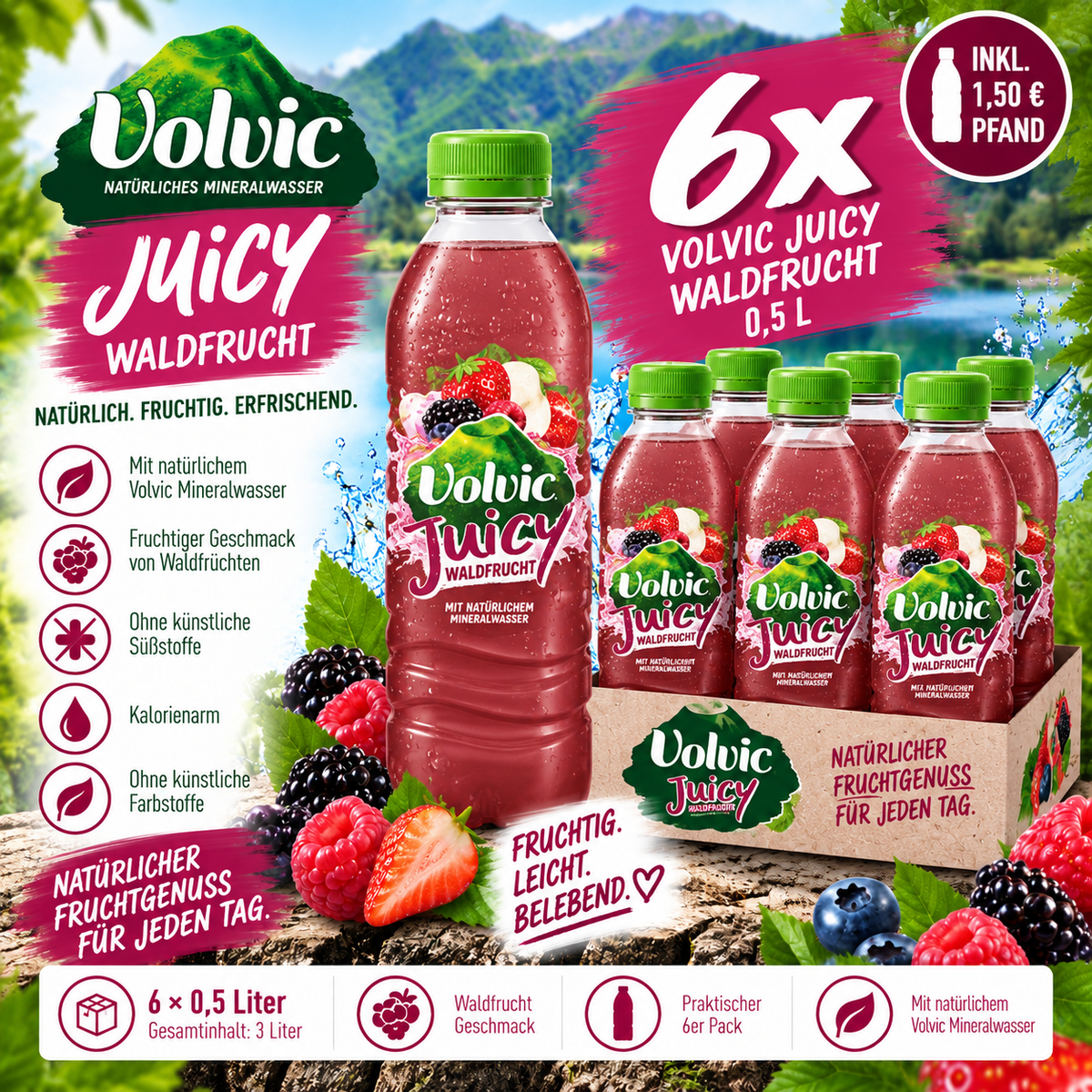 6x Volvic Juicy Waldfrucht 0,5L – Fruchtgetränk Wild Berry inkl. 1,50€ Pfand