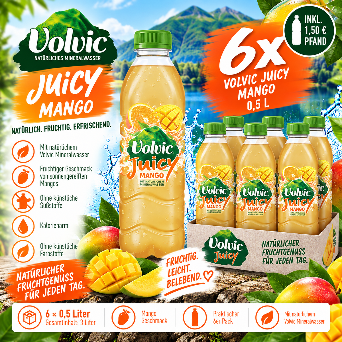 6x Volvic Juicy Mango 0,5L – Fruchtgetränk Mango inkl. 1,50€ Pfand