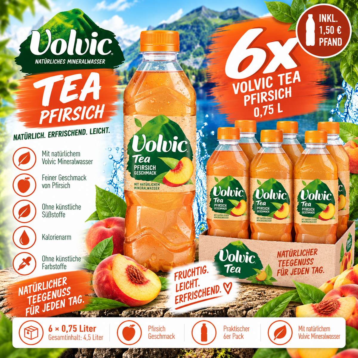 6x Volvic Tea Pfirsich 0,75L – Eistee Peach 6er Pack inkl. 1,50€ Pfand
