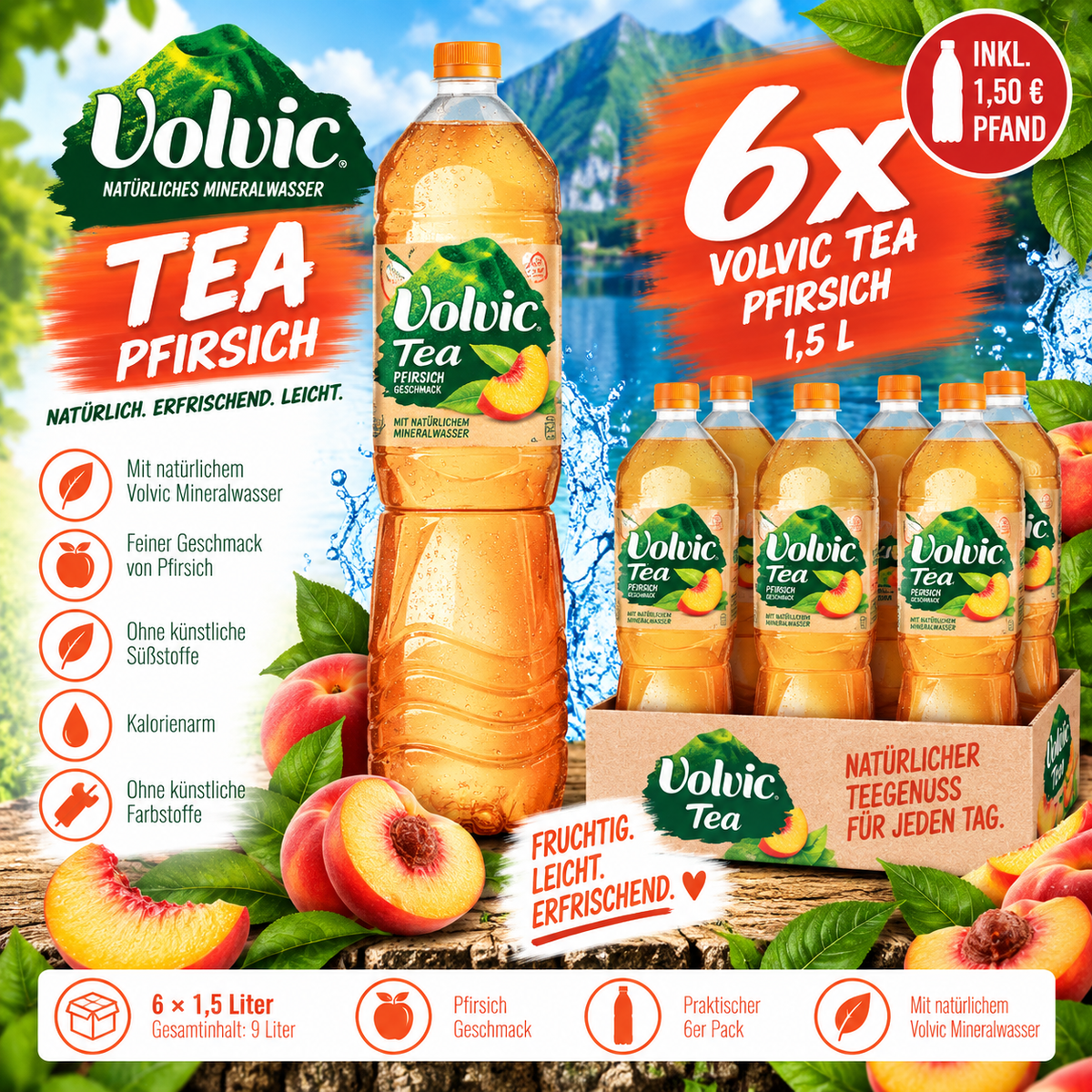 6x Volvic Tea Pfirsich 1,5L – Eistee Peach 6er Pack inkl. 1,50€ Pfand