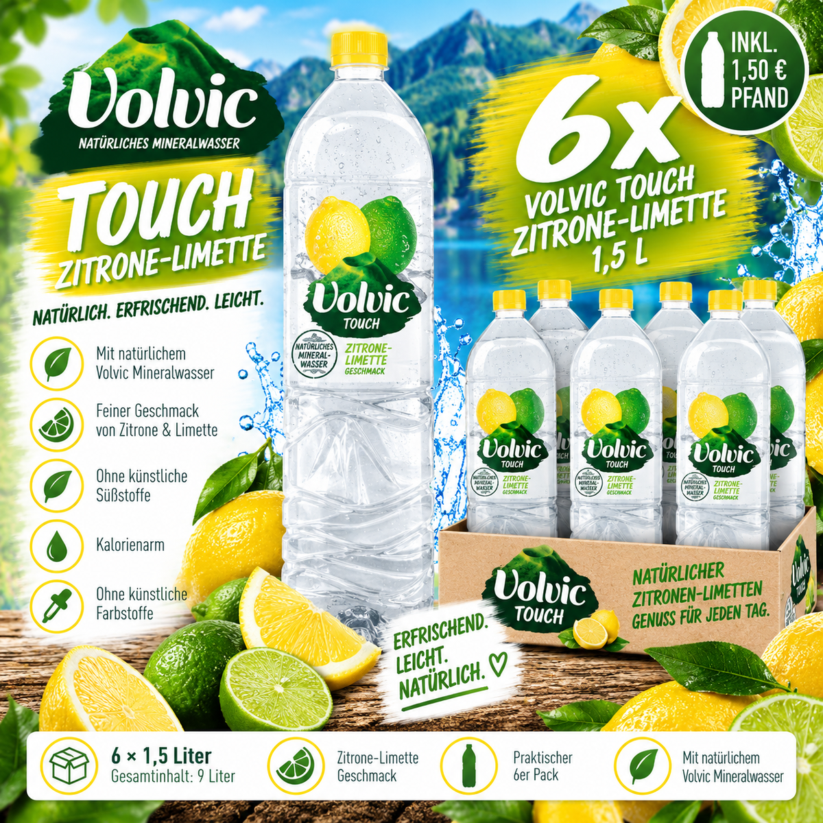 6x Volvic Touch Zitrone-Limette 1,5L – Erfrischungsgetränk inkl. 1,50€ Pfand