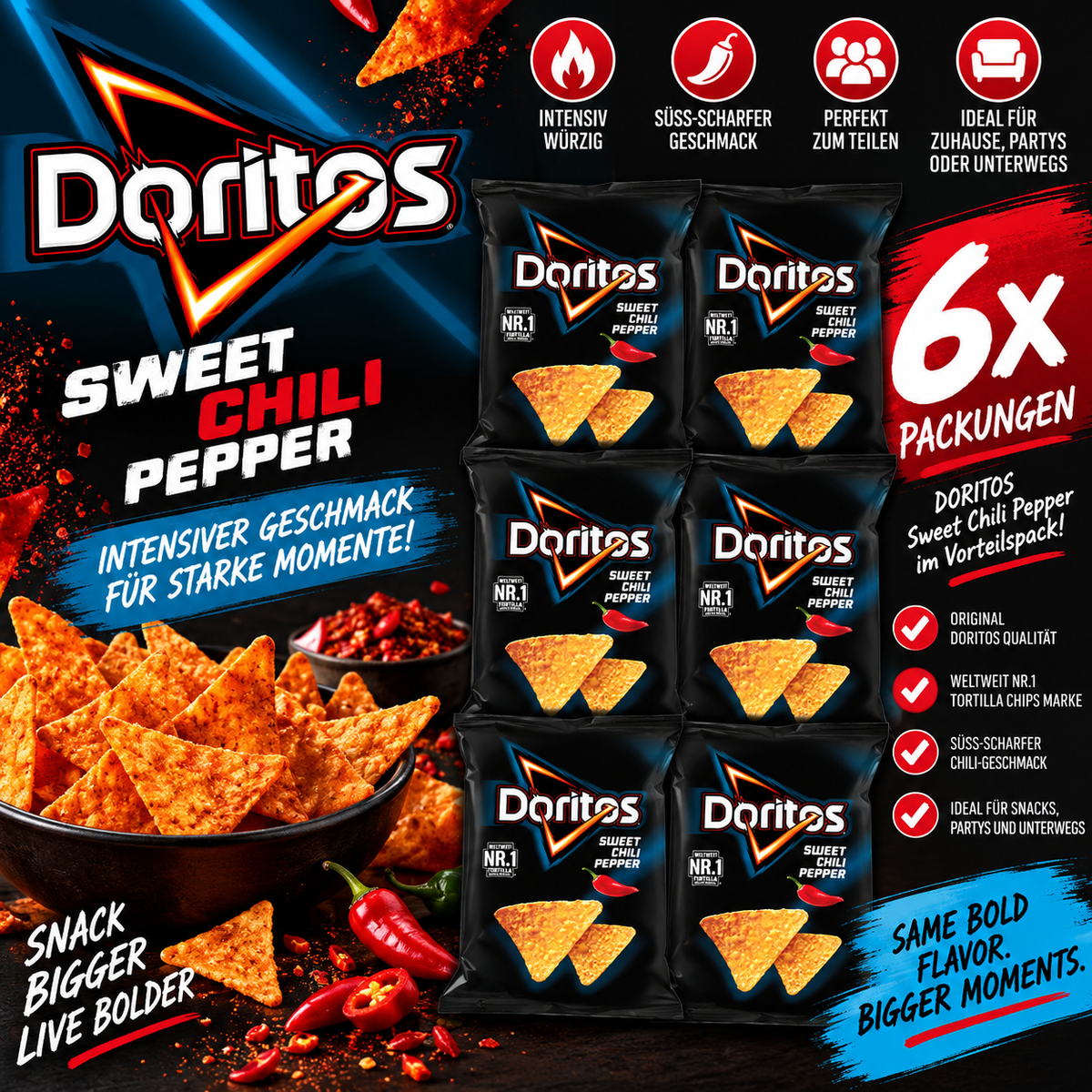6x Doritos Sweet Chili Pepper – Tortilla Chips süß-scharf Vorratspack