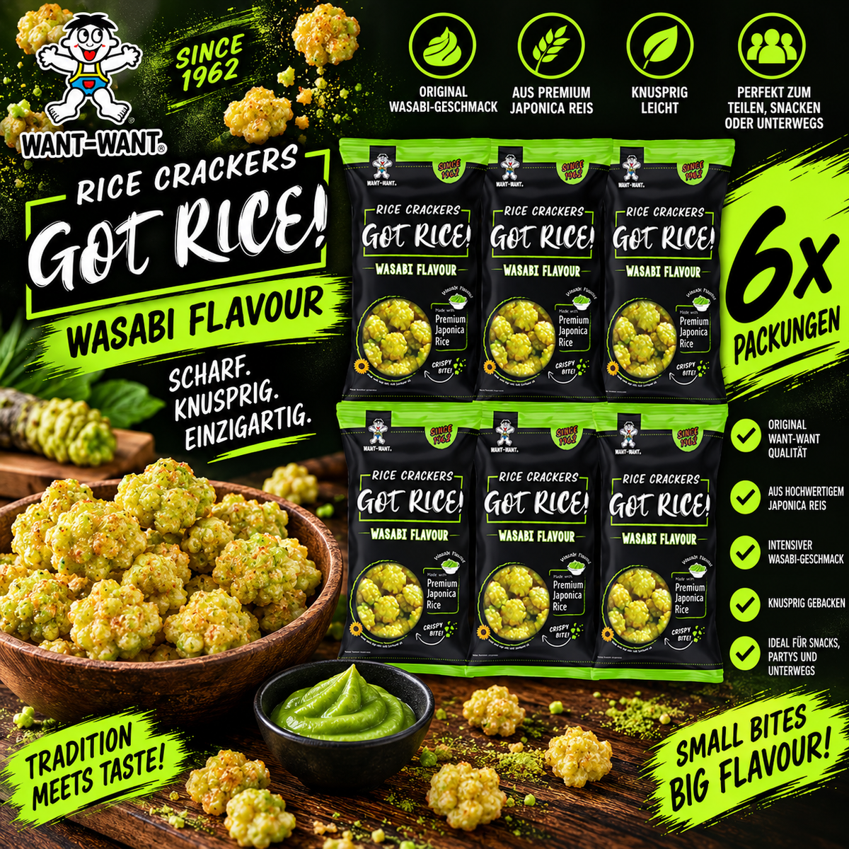6x Want Want Got Rice! Wasabi – Knusprige Reiscracker Wasabi Vorratspack