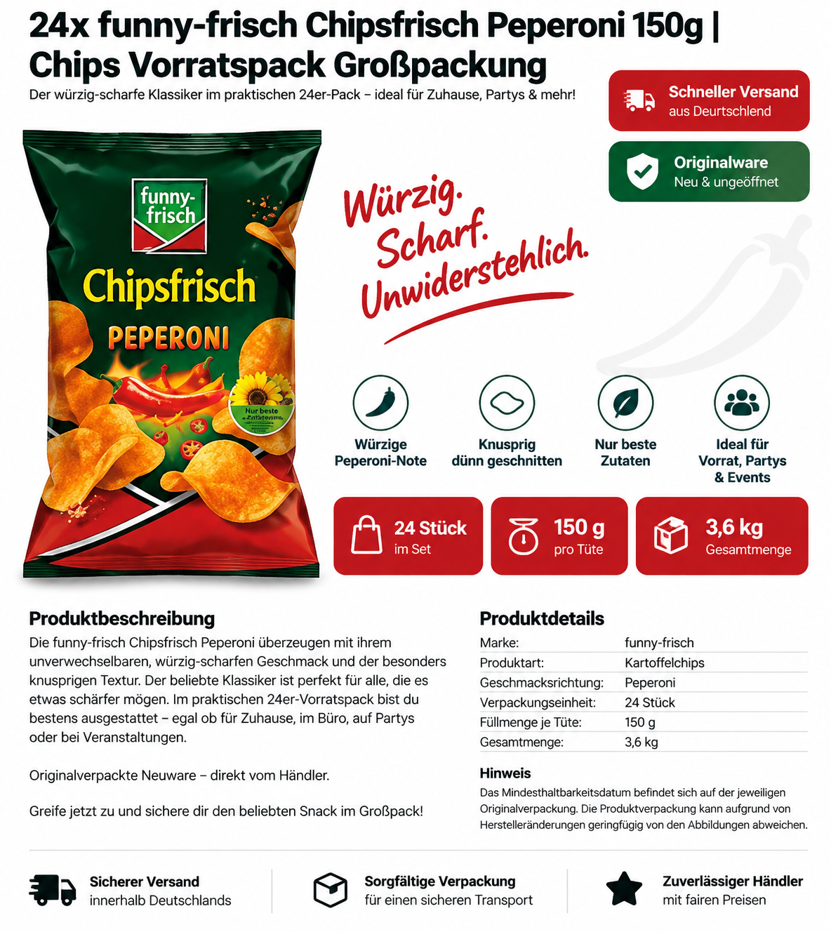 24x funny-frisch Chipsfrisch Peperoni 150g | Chips Vorratspack Großpackung