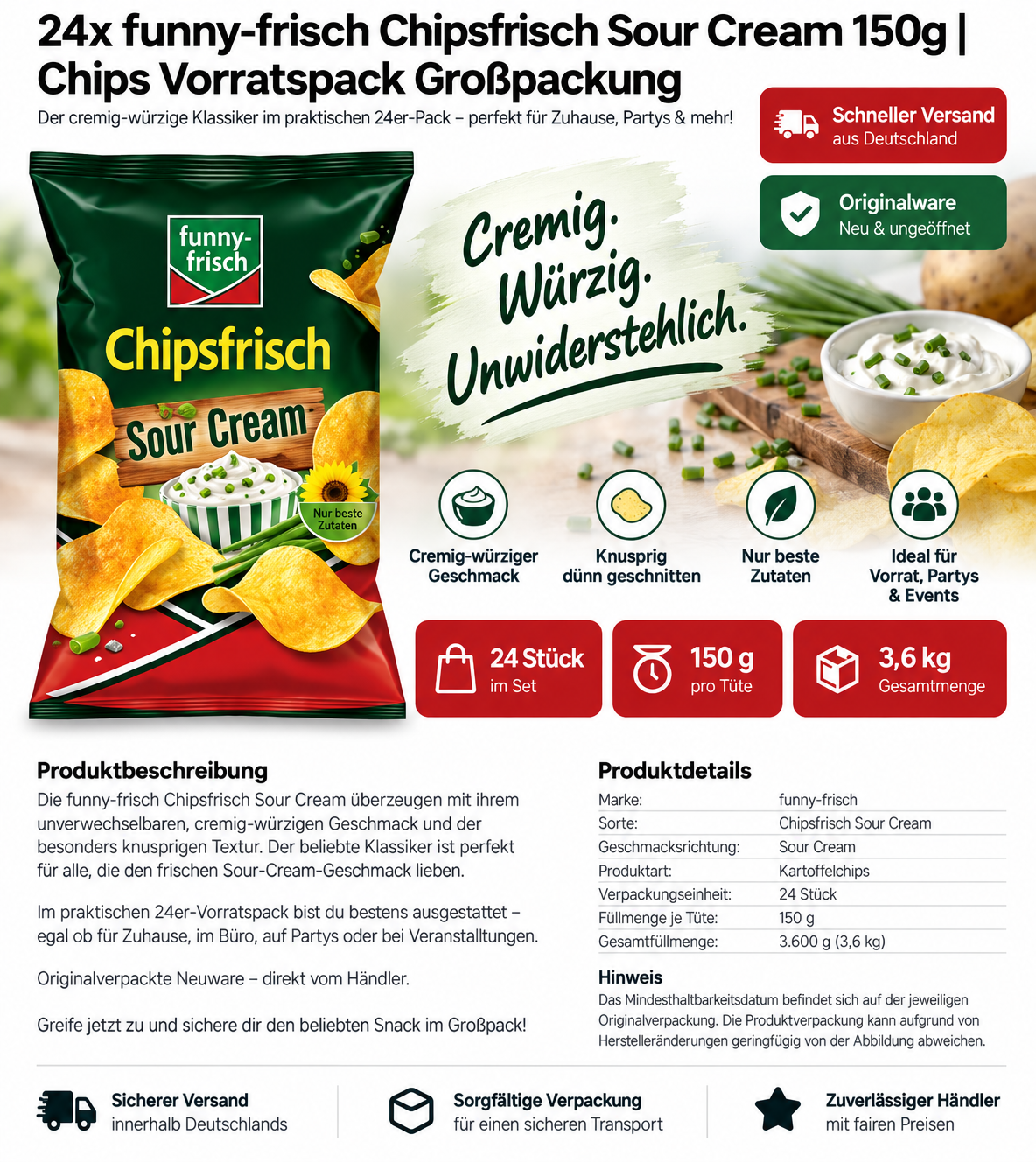 24x funny-frisch Chipsfrisch Sour Cream 150g | Chips Vorratspack Großpackung