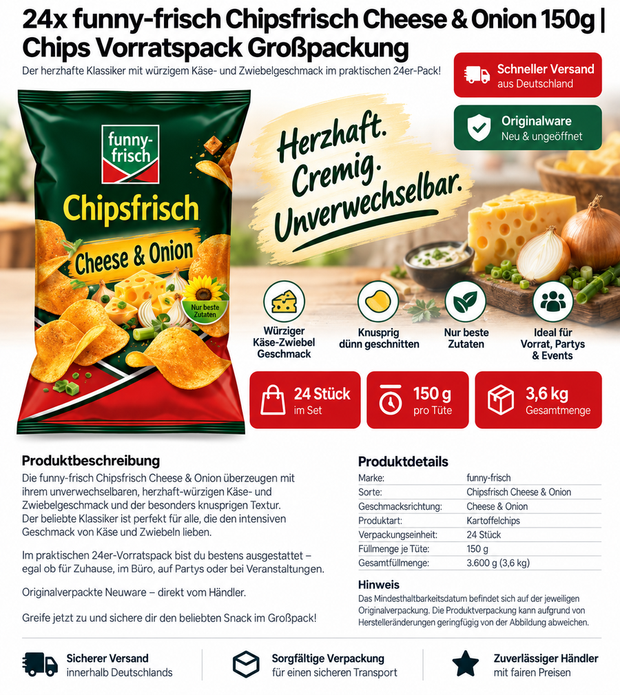 24x funny-frisch Chipsfrisch Cheese & Onion 150g | Chips Vorratspack Großpackung