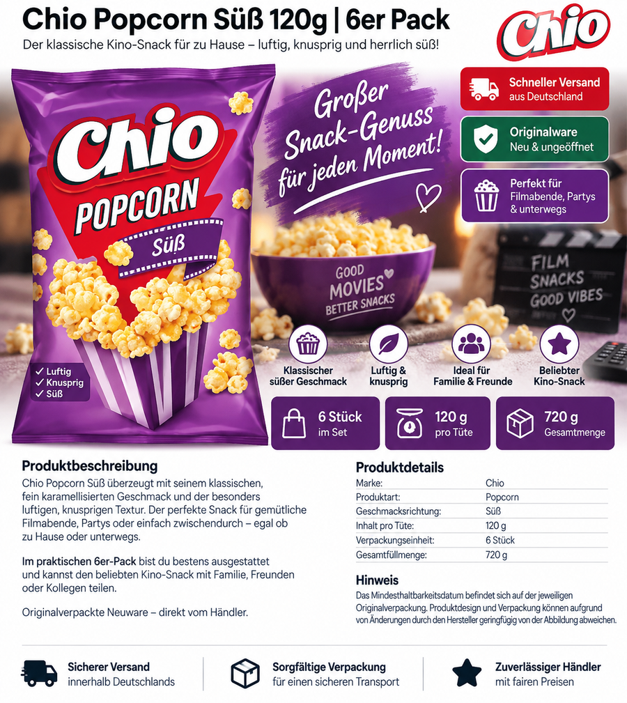 6x Chio Popcorn Süß 120g | 720g Vorratspack | Kino Snack Großpackung