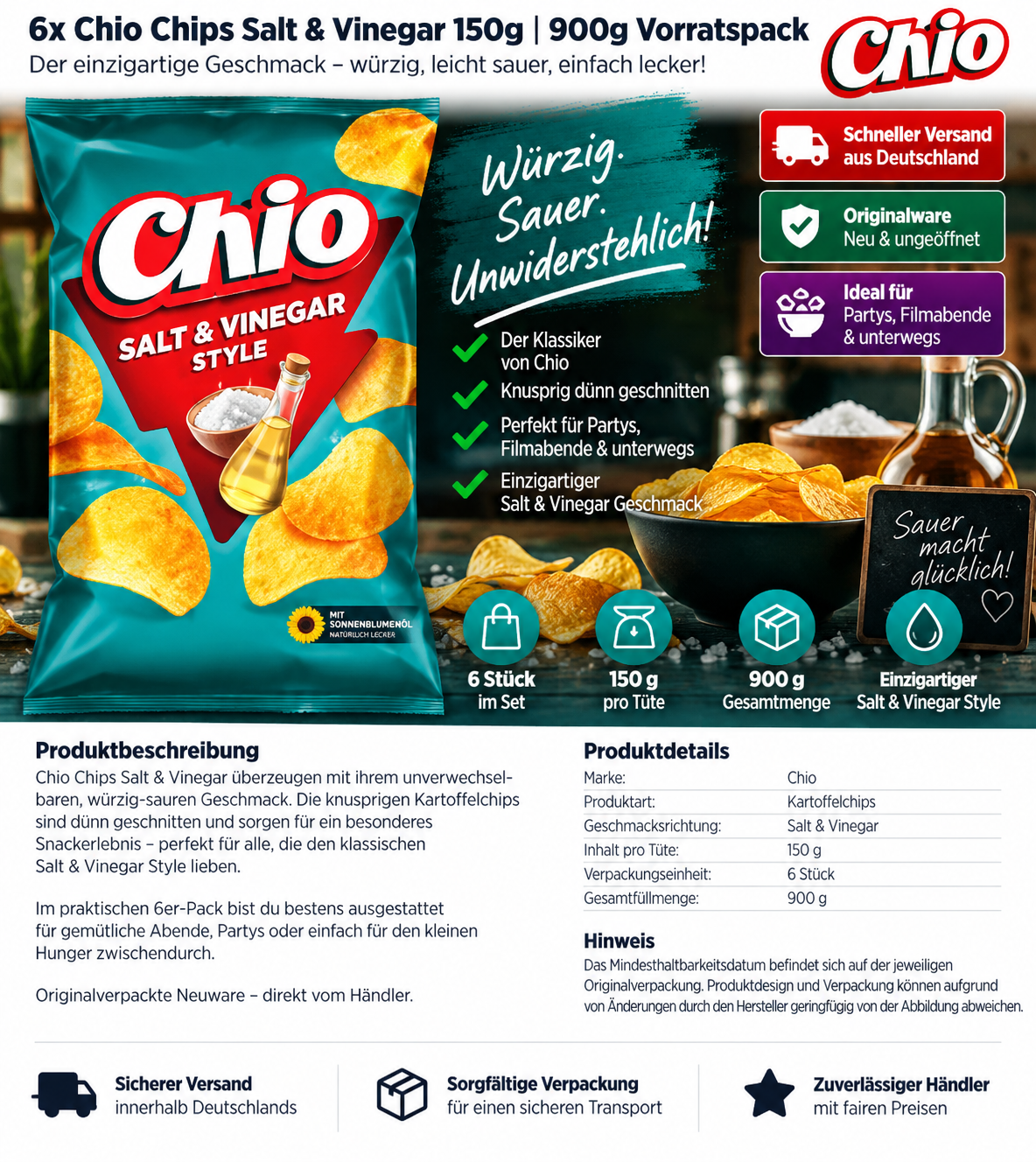 6x Chio Chips Salt & Vinegar 150g | 900g Vorratspack | Kartoffelchips Großpackung