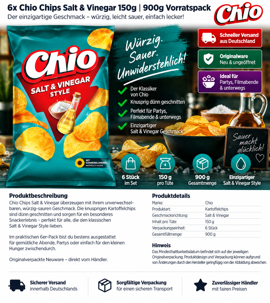 6x Chio Chips Salt & Vinegar 150g | 900g Vorratspack | Kartoffelchips Großpackung
