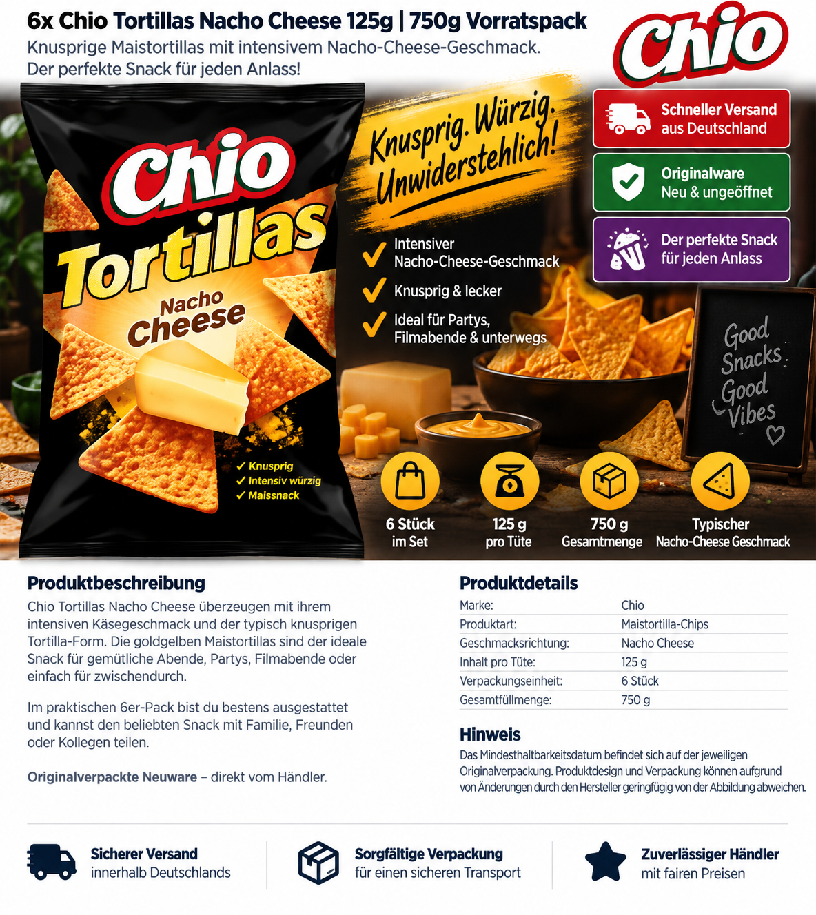 6x Chio Tortillas Nacho Cheese 125g | 750g Vorratspack | Tortilla Chips