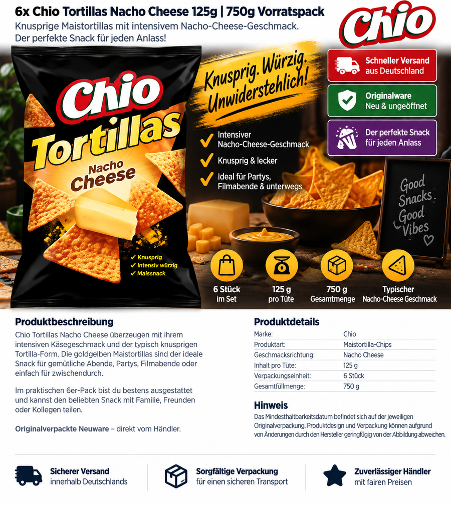 6x Chio Tortillas Nacho Cheese 125g | 750g Vorratspack | Tortilla Chips