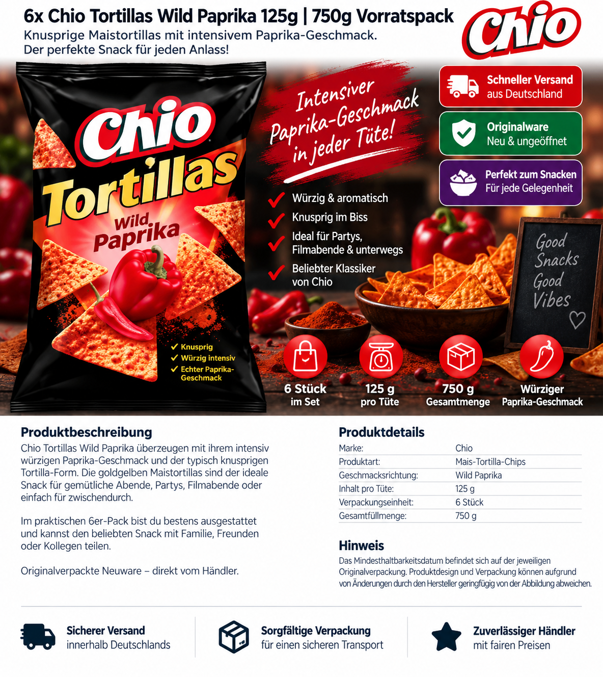 6x Chio Tortillas Wild Paprika 125g | 750g Vorratspack | Tortilla Chips
