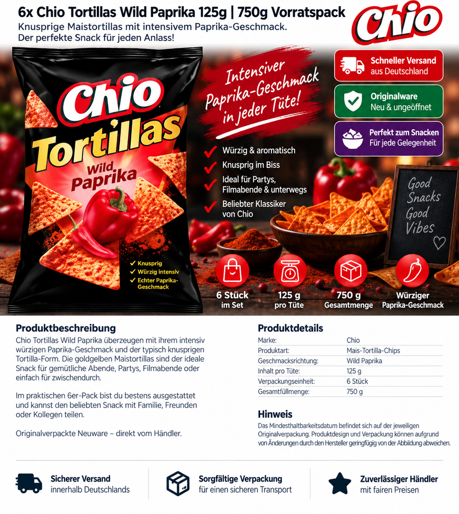 6x Chio Tortillas Wild Paprika 125g | 750g Vorratspack | Tortilla Chips