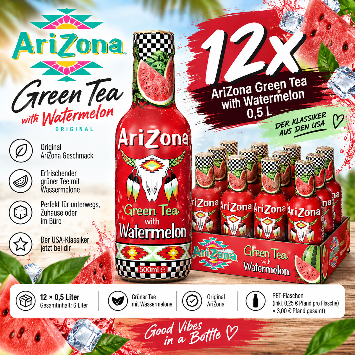 12x AriZona Green Tea Watermelon 0,5L – Grüner Tee Wassermelone inkl. 3€ Pfand