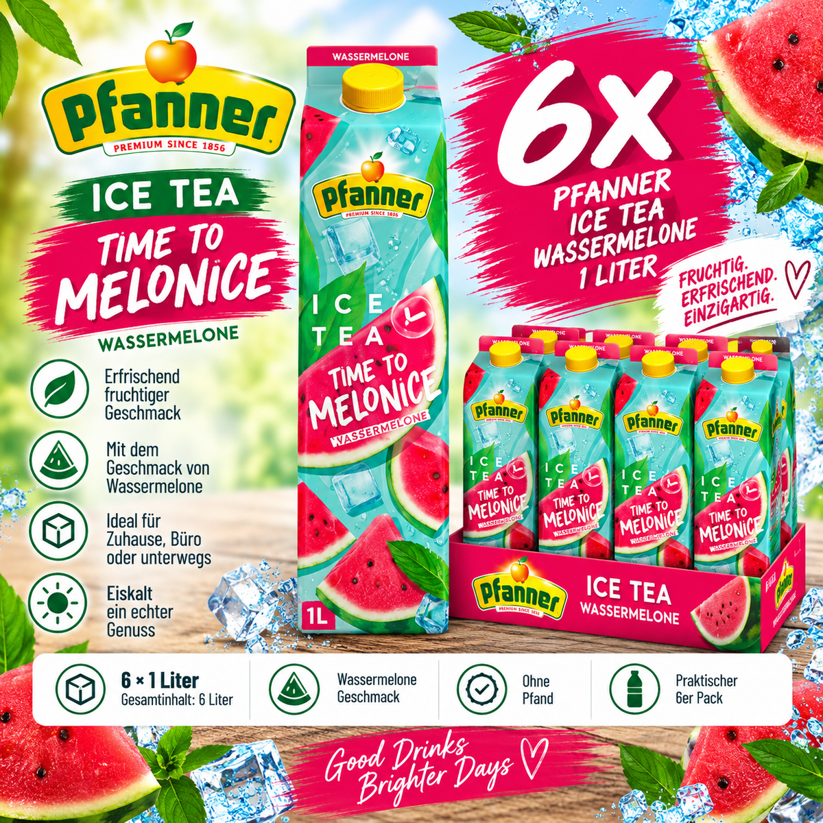 6x Pfanner Ice Tea Time to Melonice Wassermelone 1L – Eistee 6er Pack ohne Pfand
