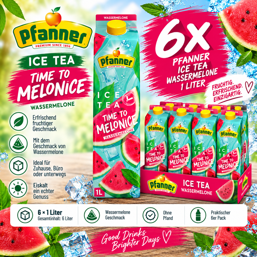 6x Pfanner Ice Tea Time to Melonice Wassermelone 1L – Eistee 6er Pack ohne Pfand