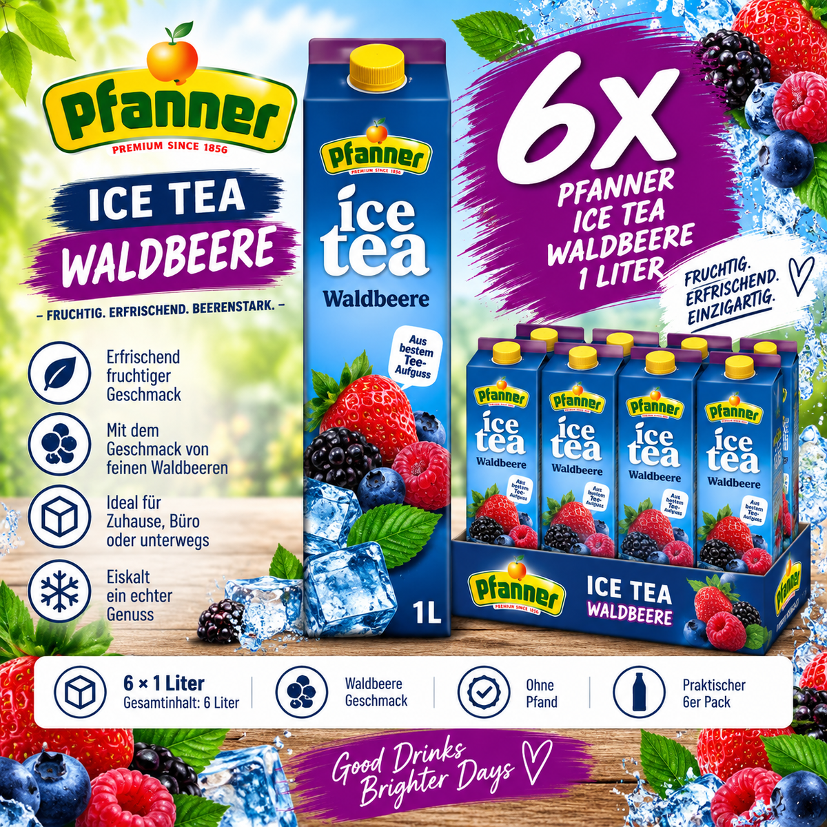 6x Pfanner Ice Tea Waldbeere 1L – Eistee Wild Berry 6er Pack ohne Pfand
