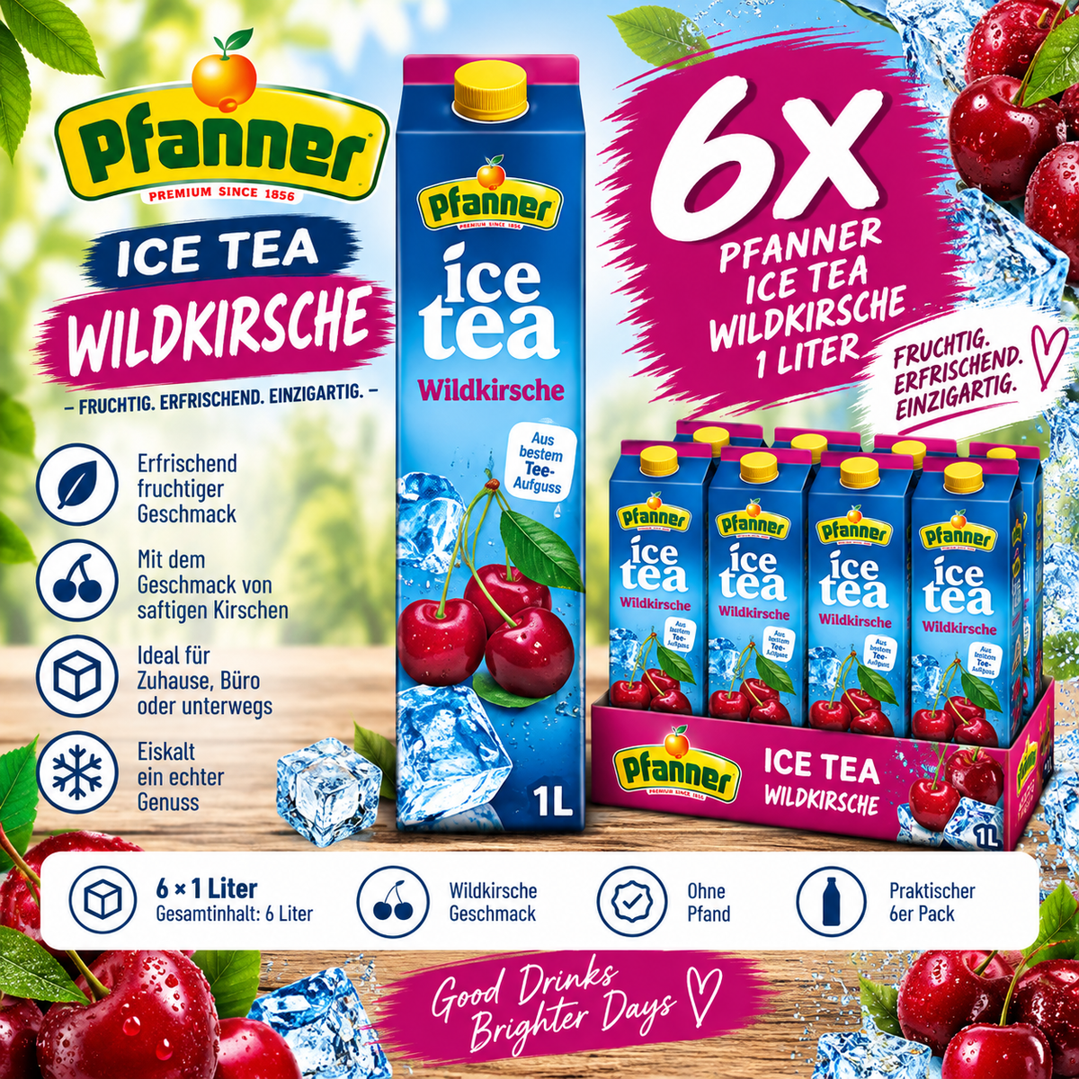 6x Pfanner Ice Tea Wildkirsche 1L – Eistee Kirsche 6er Pack ohne Pfand
