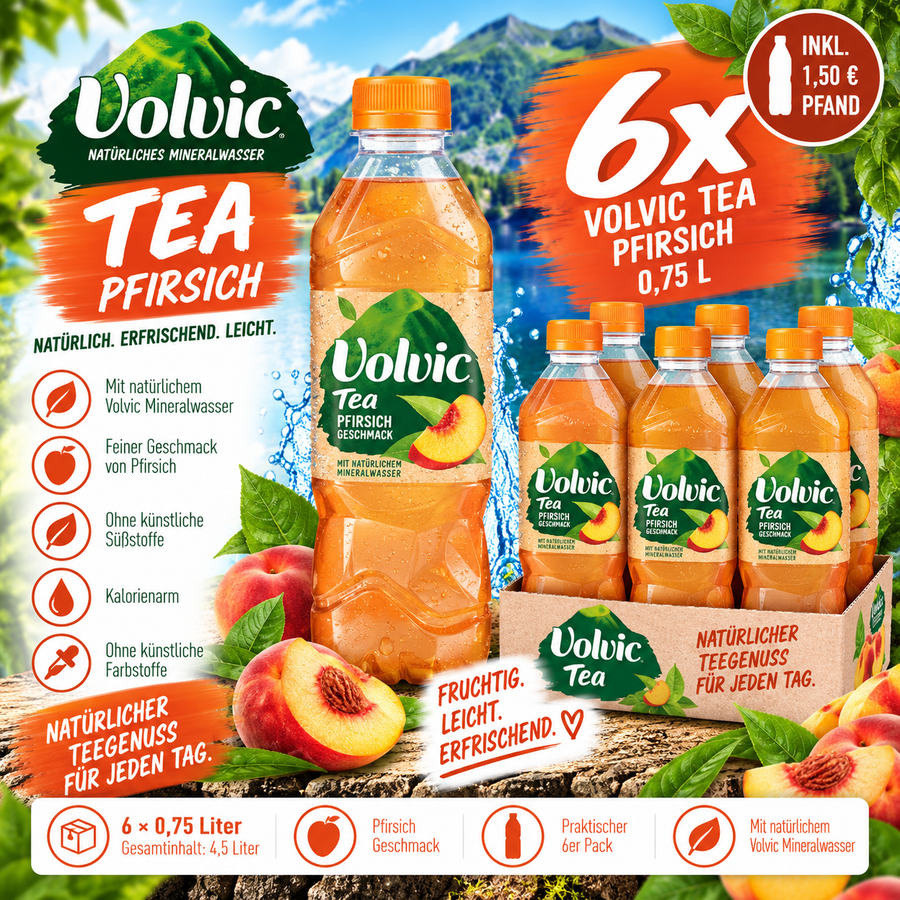 6x Volvic Tea Pfirsich 0,75L – Eistee Peach 6er Pack inkl. 1,50€ Pfand
