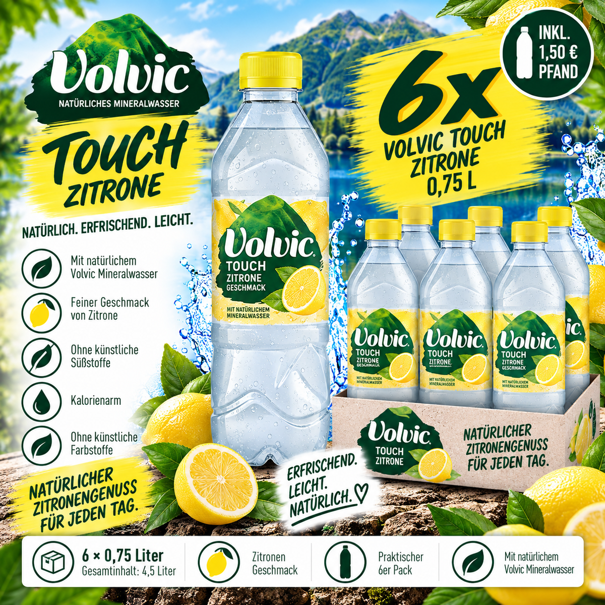 6x Volvic Touch Zitrone 0,75L – Erfrischungsgetränk Lemon inkl. 1,50€ Pfand