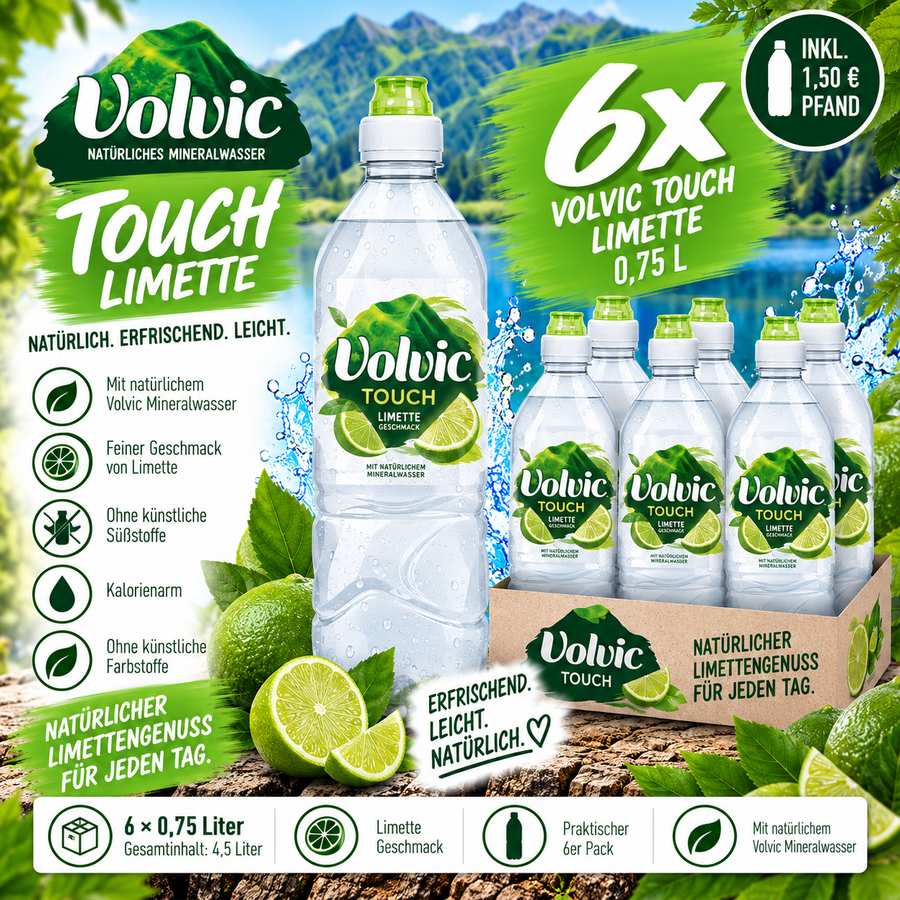 6x Volvic Touch Limette 0,75L – Erfrischungsgetränk Lime inkl. 1,50€ Pfand
