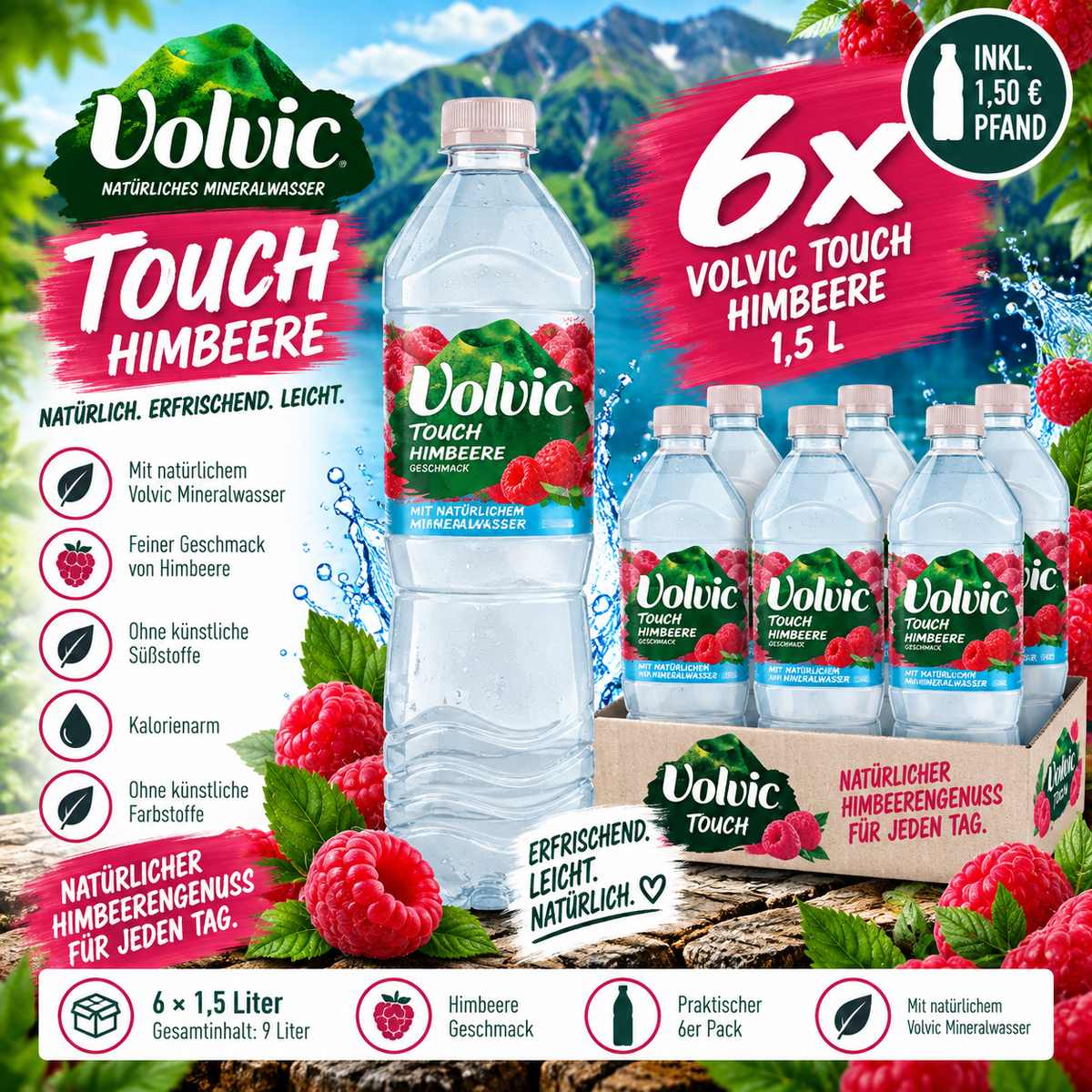 6x Volvic Touch Himbeere 1,5L – Erfrischungsgetränk Raspberry inkl. 1,50€ Pfand