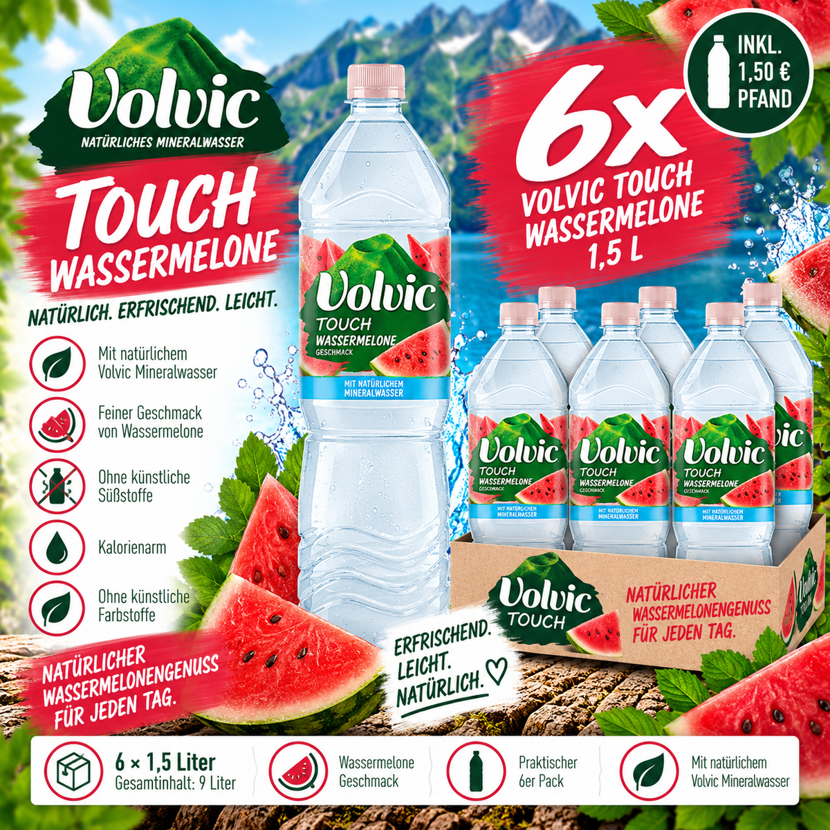 6x Volvic Touch Wassermelone 1,5L – Erfrischungsgetränk Watermelon inkl. 1,50€ Pfand