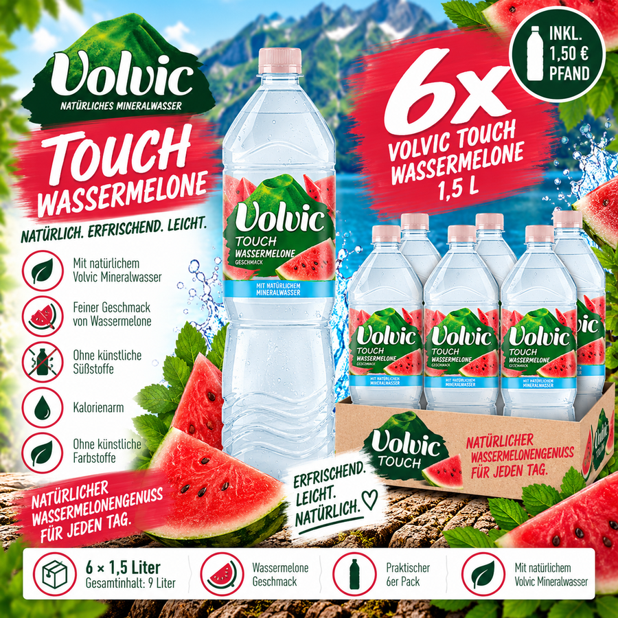 6x Volvic Touch Wassermelone 1,5L – Erfrischungsgetränk Watermelon inkl. 1,50€ Pfand