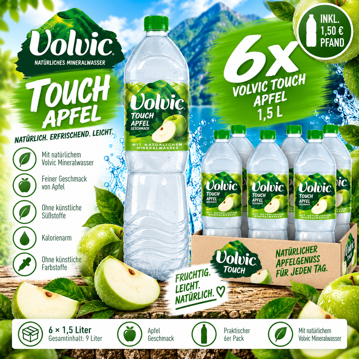 6x Volvic Touch Apfel 1,5L – Erfrischungsgetränk Apple inkl. 1,50€ Pfand