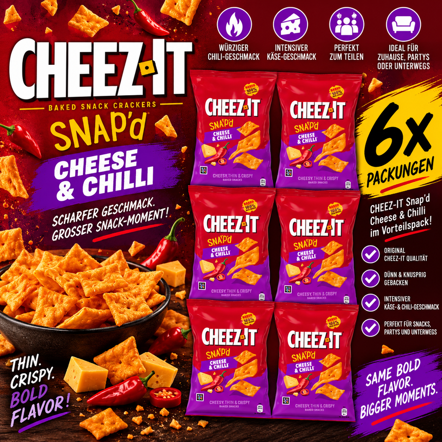 6x Cheez-It Snap’d Cheese & Chilli – Knusprige Käse-Chili Cracker Vorratspack