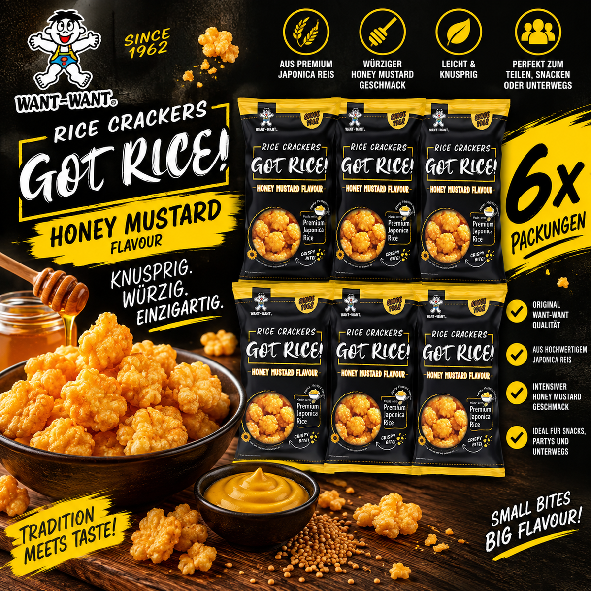6x Want Want Got Rice! Honey Mustard – Knusprige Reiscracker Vorratspack