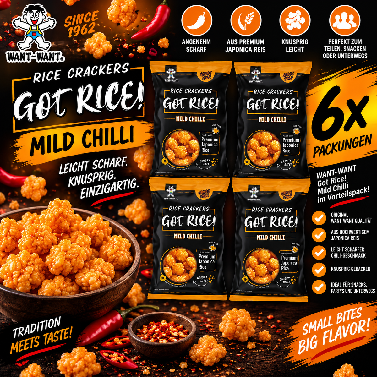 6x Want Want Got Rice! Mild Chilli – Knusprige Reiscracker Chili Vorratspack