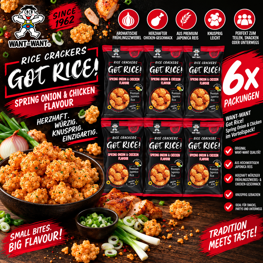 6x Want Want Got Rice! Spring Onion & Chicken – Knusprige Reiscracker Vorratspack